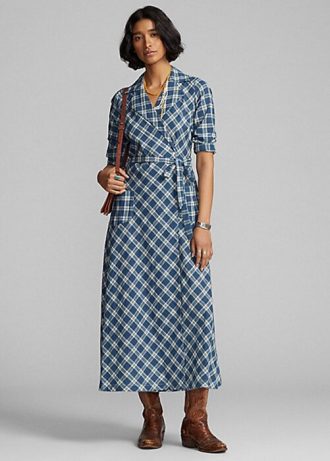 Modré dámské kostkované bavlněné voálové zavinovací šaty Ralph Lauren