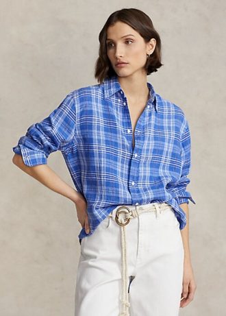 Modré dámské kostkované košile Ralph Lauren uvolněného střihu Modré dámské kostkované košile Ralph Lauren uvolněného střihu
