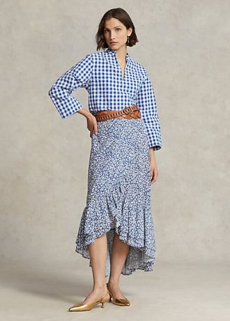 Modré dámské květinové řasené krepové sukně Ralph Lauren Modré dámské květinové řasené krepové sukně Ralph Lauren