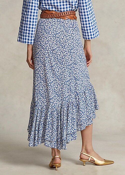 Modré dámské květinové řasené krepové sukně Ralph Lauren Modré dámské květinové řasené krepové sukně Ralph Lauren