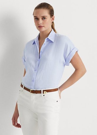 Modré dámské lněné košile s rukávy Ralph Lauren Modré dámské lněné košile s rukávy Ralph Lauren