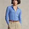 Modré dámské polokošile Ralph Lauren se zkráceným žebrovaným předním knoflíkem