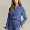 Modré dámské pruhované plátěné košile Ralph Lauren uvolněného střihu Modré dámské pruhované plátěné košile Ralph Lauren uvolněného střihu