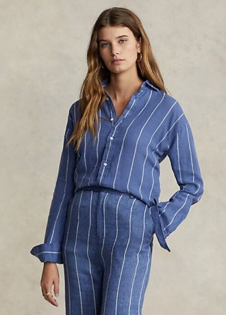 Modré dámské pruhované plátěné košile Ralph Lauren uvolněného střihu Modré dámské pruhované plátěné košile Ralph Lauren uvolněného střihu