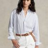 Modré dámské pruhované plátěné košile Ralph Lauren uvolněného střihu Modré dámské pruhované plátěné košile Ralph Lauren uvolněného střihu
