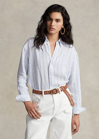 Modré dámské pruhované plátěné košile Ralph Lauren uvolněného střihu Modré dámské pruhované plátěné košile Ralph Lauren uvolněného střihu