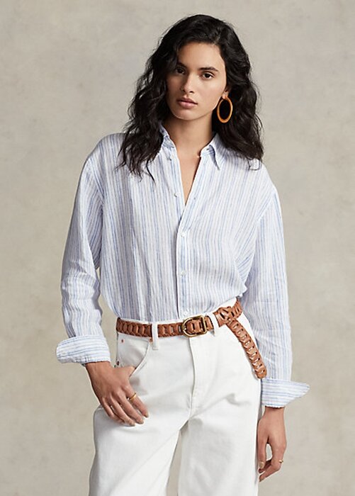 Modré dámské pruhované plátěné košile Ralph Lauren uvolněného střihu Modré dámské pruhované plátěné košile Ralph Lauren uvolněného střihu