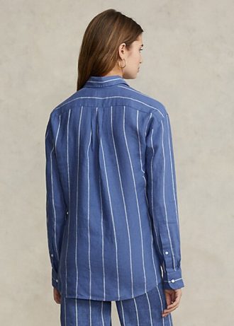 Modré dámské pruhované plátěné košile Ralph Lauren uvolněného střihu Modré dámské pruhované plátěné košile Ralph Lauren uvolněného střihu
