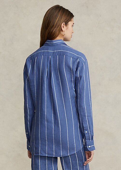 Modré dámské pruhované plátěné košile Ralph Lauren uvolněného střihu Modré dámské pruhované plátěné košile Ralph Lauren uvolněného střihu