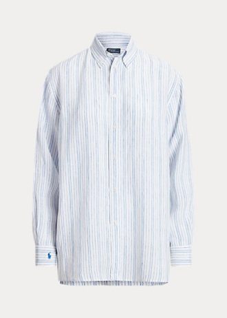 Modré dámské pruhované plátěné košile Ralph Lauren uvolněného střihu Modré dámské pruhované plátěné košile Ralph Lauren uvolněného střihu