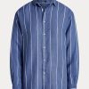 Modré dámské pruhované plátěné košile Ralph Lauren uvolněného střihu Modré dámské pruhované plátěné košile Ralph Lauren uvolněného střihu