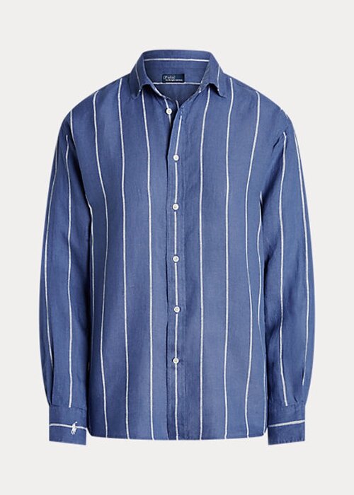 Modré dámské pruhované plátěné košile Ralph Lauren uvolněného střihu Modré dámské pruhované plátěné košile Ralph Lauren uvolněného střihu