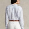 Modré dámské pruhované plátěné košile Ralph Lauren uvolněného střihu Modré dámské pruhované plátěné košile Ralph Lauren uvolněného střihu