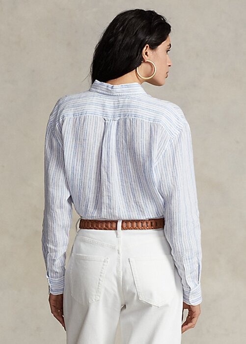 Modré dámské pruhované plátěné košile Ralph Lauren uvolněného střihu Modré dámské pruhované plátěné košile Ralph Lauren uvolněného střihu