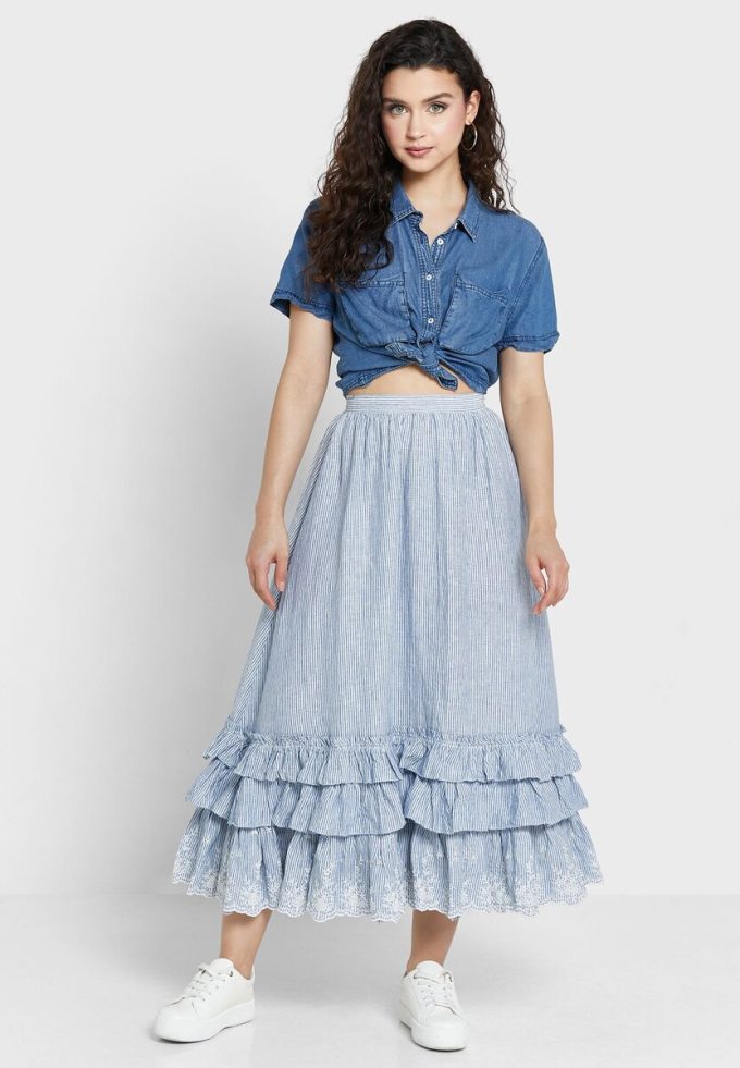 Modré dámské sukně Ralph Lauren Ruffle s vysokým pasem Modré dámské sukně Ralph Lauren Ruffle s vysokým pasem