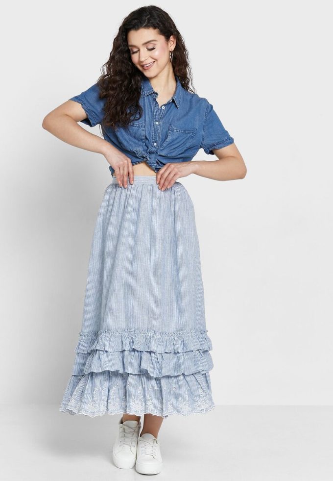 Modré dámské sukně Ralph Lauren Ruffle s vysokým pasem Modré dámské sukně Ralph Lauren Ruffle s vysokým pasem