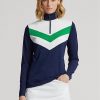 Modré dámské svetrové mikiny Ralph Lauren s proužkem ve tvaru Chevron se čtvrtým zipem Modré dámské svetrové mikiny Ralph Lauren s proužkem ve tvaru Chevron se čtvrtým zipem