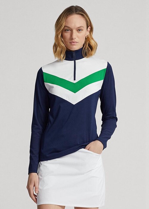 Modré dámské svetrové mikiny Ralph Lauren s proužkem ve tvaru Chevron se čtvrtým zipem Modré dámské svetrové mikiny Ralph Lauren s proužkem ve tvaru Chevron se čtvrtým zipem