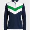Modré dámské svetrové mikiny Ralph Lauren s proužkem ve tvaru Chevron se čtvrtým zipem Modré dámské svetrové mikiny Ralph Lauren s proužkem ve tvaru Chevron se čtvrtým zipem