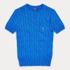 Modré dámské svetry Ralph Lauren Cable-Knit z bavlny s krátkým rukávem