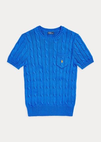 Modré dámské svetry Ralph Lauren Cable-Knit z bavlny s krátkým rukávem Modré dámské svetry Ralph Lauren Cable-Knit z bavlny s krátkým rukávem