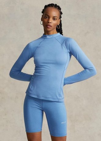 Modrá dámská trička Ralph Lauren Logo Jersey Dlouhý rukáv Mockneck