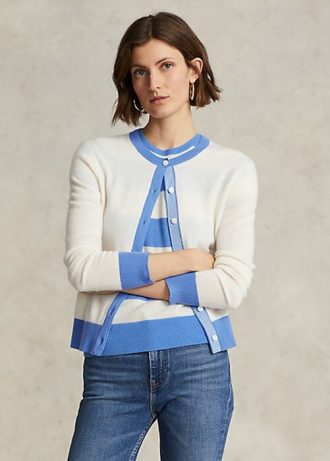 Modré / krémové dámské svetry Ralph Lauren Crest Cashmere Cardigan Modré / krémové dámské svetry Ralph Lauren Crest Cashmere Cardigan