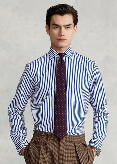 Modré pánské formální košile Ralph Lauren Regent Custom Fit s pruhovaným popelínem Modré pánské formální košile Ralph Lauren Regent Custom Fit s pruhovaným popelínem
