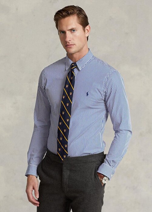 Modré pánské formální košile Slim Fit proužkovaný strečový popelín Ralph Lauren Modré pánské formální košile Slim Fit proužkovaný strečový popelín Ralph Lauren