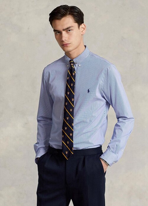 Modré pánské formální košile Slim Fit proužkovaný strečový popelín Ralph Lauren Modré pánské formální košile Slim Fit proužkovaný strečový popelín Ralph Lauren