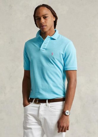 Modré pánské Slim Fit Mesh Polo košile Ralph Lauren Custom Modré pánské Slim Fit Mesh Polo košile Ralph Lauren Custom