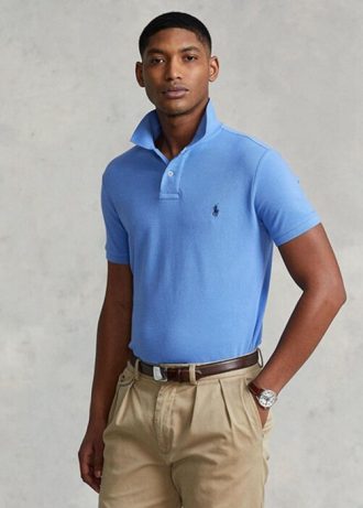 Modré pánské Slim Fit Mesh Polo košile Ralph Lauren Custom Modré pánské Slim Fit Mesh Polo košile Ralph Lauren Custom