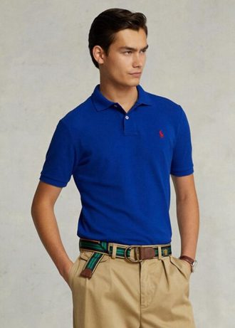 Modré pánské Slim Fit Mesh Polo košile Ralph Lauren Custom Modré pánské Slim Fit Mesh Polo košile Ralph Lauren Custom