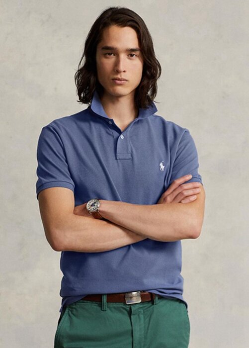 Modré pánské Slim Fit Mesh Polo košile Ralph Lauren Custom Modré pánské Slim Fit Mesh Polo košile Ralph Lauren Custom