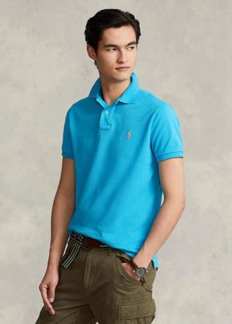 Modré pánské Slim Fit Mesh Polo košile Ralph Lauren Custom Modré pánské Slim Fit Mesh Polo košile Ralph Lauren Custom