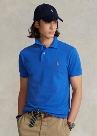 Modré pánské Slim Fit Mesh Polo košile Ralph Lauren Custom Modré pánské Slim Fit Mesh Polo košile Ralph Lauren Custom