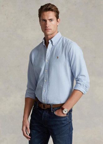 Modré pánské Slim Fit Oxford košile Ralph Lauren
