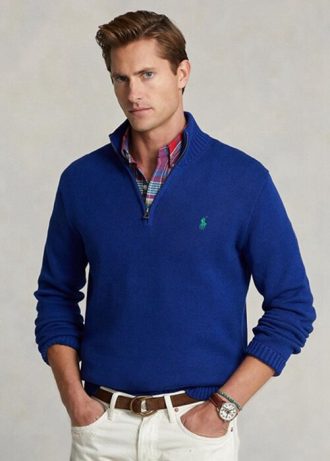 Modré pánské svetry Ralph Lauren Bavlněné se zapínáním na čtvrt zip