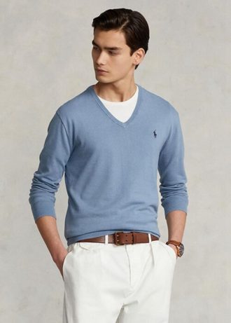 Modré pánské svetry Ralph Lauren Slim Fit s texturou z bavlny