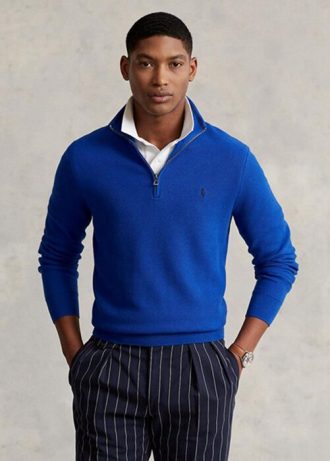 Modré pánské svetry Ralph Lauren síťované bavlněné svetry se čtvrtky na zip