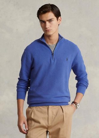 Modré pánské svetry Ralph Lauren síťované bavlněné svetry se čtvrtky na zip