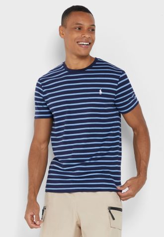 Modrá pánská trička Ralph Lauren s pruhovaným výstřihem