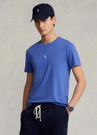 Modrá pánská trička Slim Fit Crewneck Ralph Lauren Custom