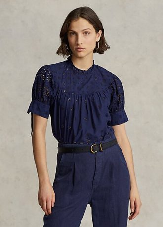 Námořnické dámské bavlněné topy Ralph Lauren s vyšívaným očkem