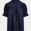 Námořnické dámské bavlněné topy Ralph Lauren s vyšívaným očkem