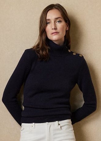 Námořnické dámské kašmírové rolákové svetry Ralph Lauren s knoflíky Námořnické dámské kašmírové rolákové svetry Ralph Lauren s knoflíky
