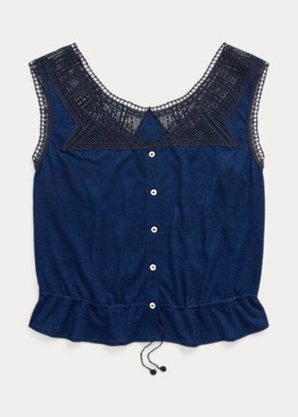 Námořnické dámské košile Ralph Lauren Indigo s háčkovaným lemem Námořnické dámské košile Ralph Lauren Indigo s háčkovaným lemem