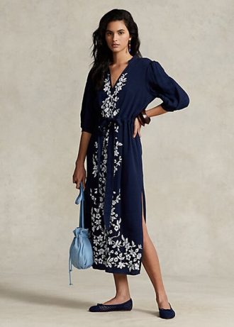 Námořnické dámské maxidress šaty Ralph Lauren s květinovou výšivkou