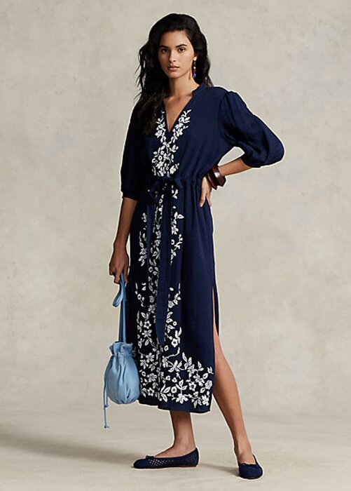 Námořnické dámské maxidress šaty Ralph Lauren s květinovou výšivkou Námořnické dámské maxidress šaty Ralph Lauren s květinovou výšivkou