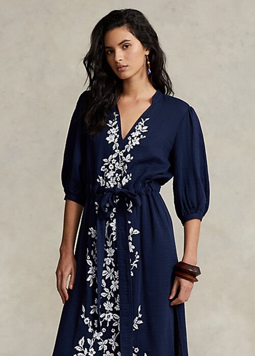 Námořnické dámské maxidress šaty Ralph Lauren s květinovou výšivkou Námořnické dámské maxidress šaty Ralph Lauren s květinovou výšivkou
